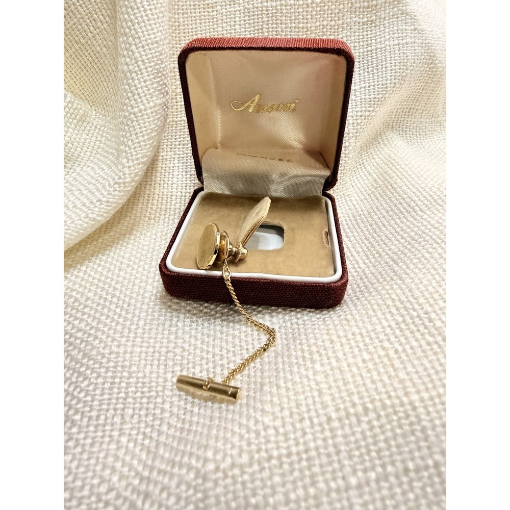 Vintage Anson Gold Tone Oval Tie Tack Chain Bar Mens Lapel Pin Made In USA - Picture 2 of 6